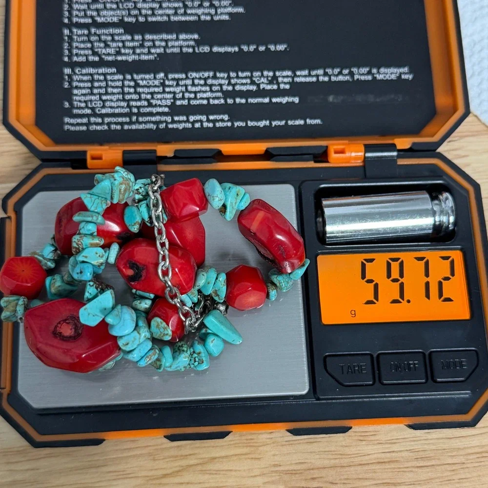 Chunky Red Sponge Coral and Turquoise Nugget Statement Necklace Silver Tone